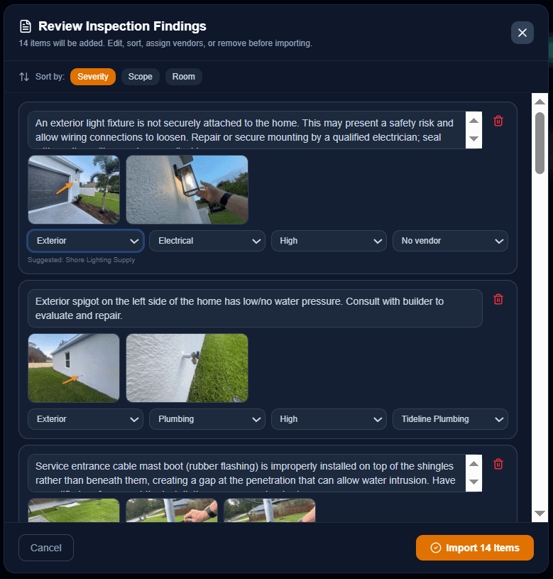 Review every finding — Punchlist AI inspection report import in Cornerstone PM