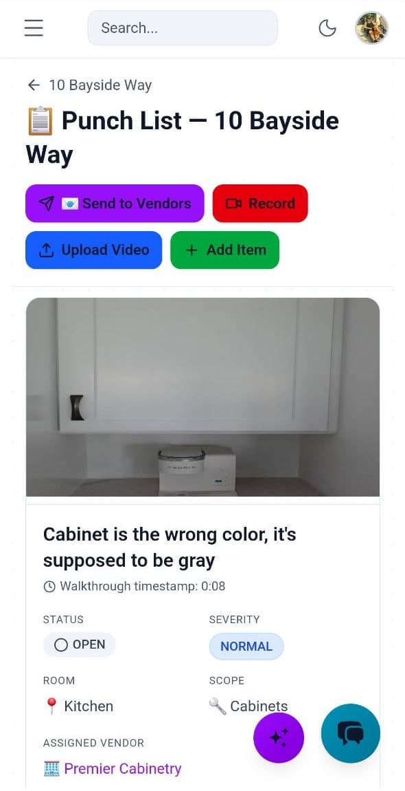 Punch list item detail view in the Cornerstone PM™ mobile app — shows a cabinet defect with auto-assigned vendor Premier Cabinetry matched to the Cabinets scope