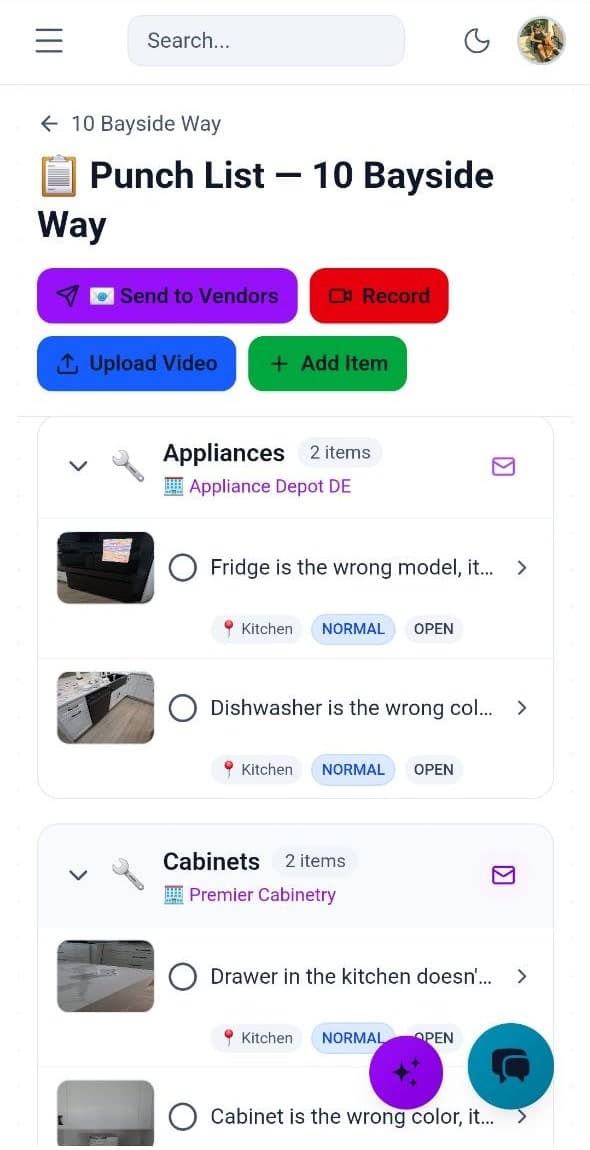 Punchlist AI screen in the Cornerstone PM™ mobile app — shows Record, Upload Video, and Add Item buttons with a generated punch list item