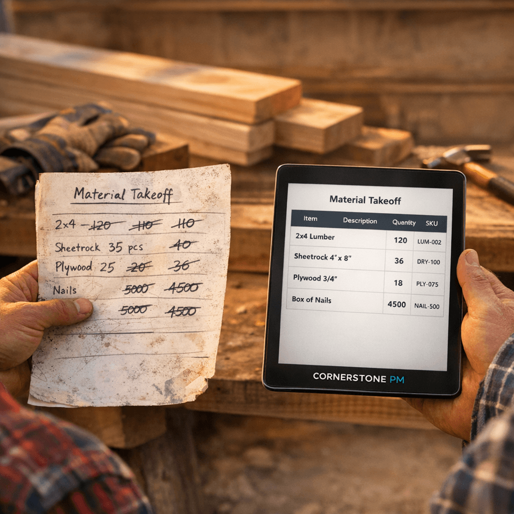 AI material takeoff for home builders compared to manual paper-based estimating side by side