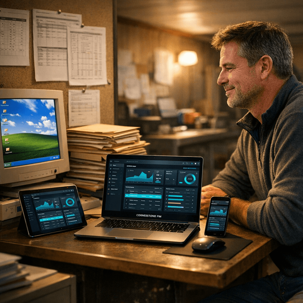BuildPro legacy desktop home builder software next to Cornerstone PM™ modern web-native stack