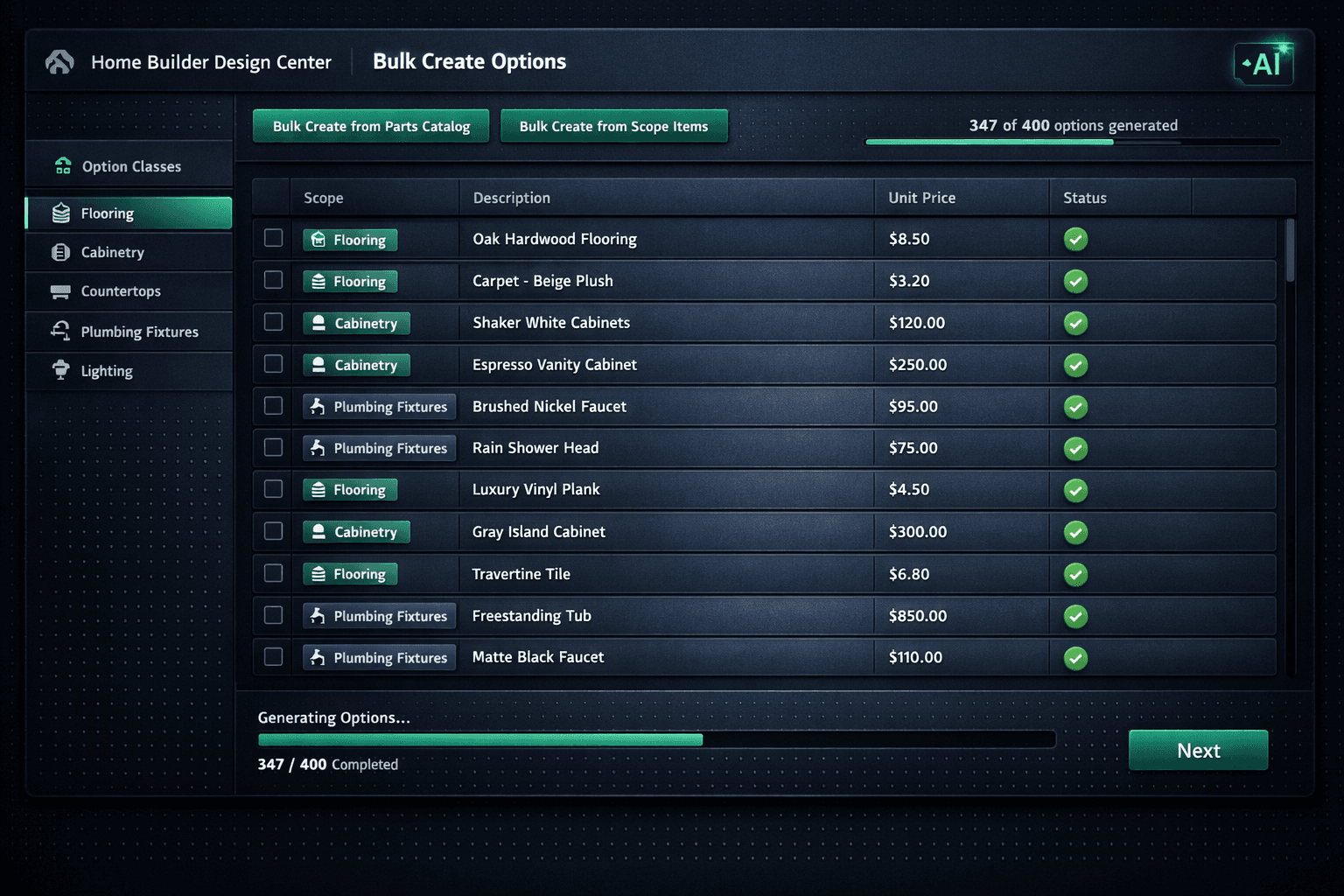 Design center option catalog software — bulk creating design options from a parts catalog for a production home builder