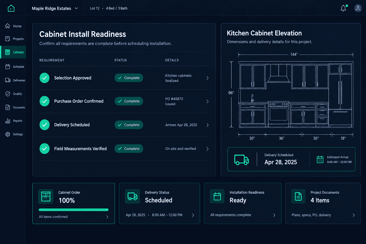 cabinet installation readiness checklist illustrated with Cornerstone PM workflow review notes