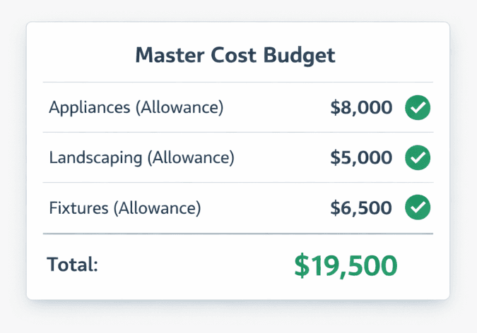 Construction allowances software — budget placeholders flowing into the Master Cost Budget for home builders