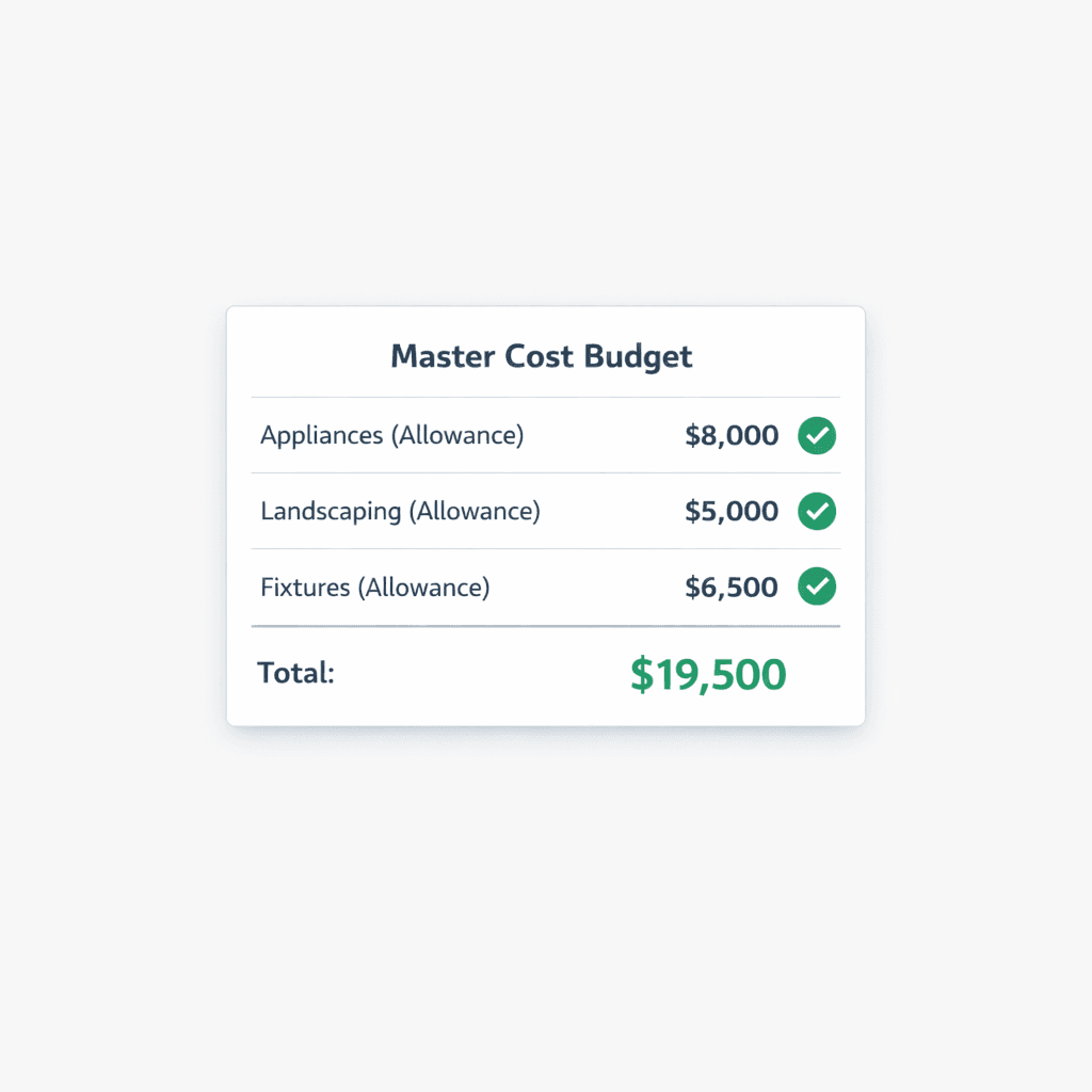 Construction allowances software — budget placeholders flowing into the Master Cost Budget for home builders