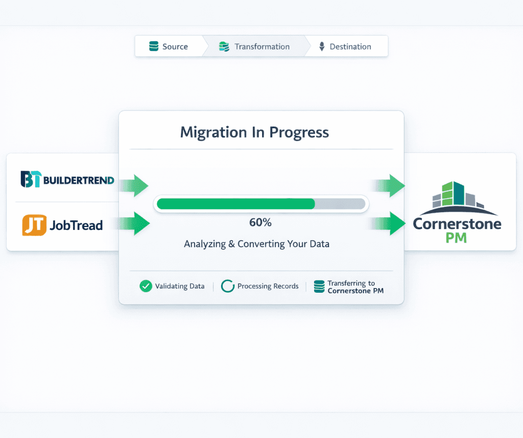 AI construction software migration wizard importing data from Buildertrend and JobTread into Cornerstone PM