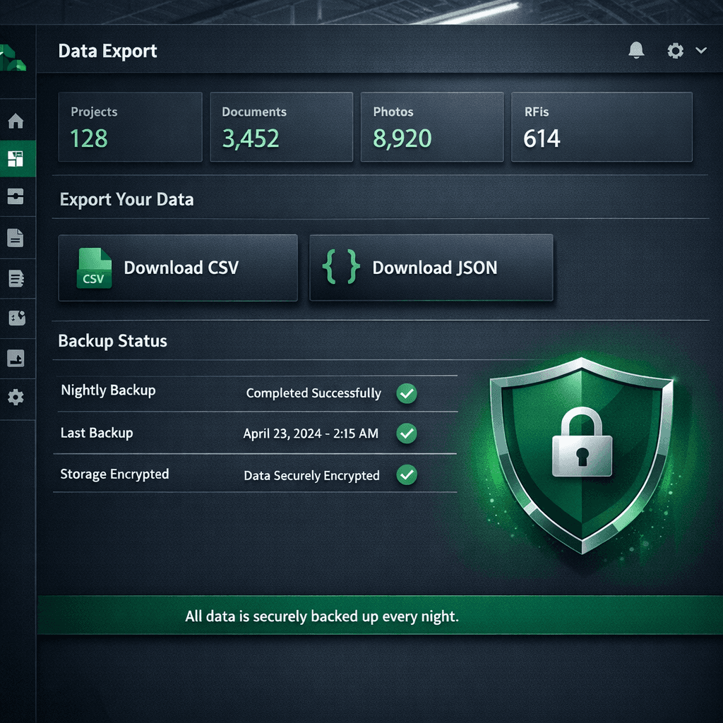 Construction software data export and nightly backups in Cornerstone PM — CSV and JSON full database download, no vendor lock-in