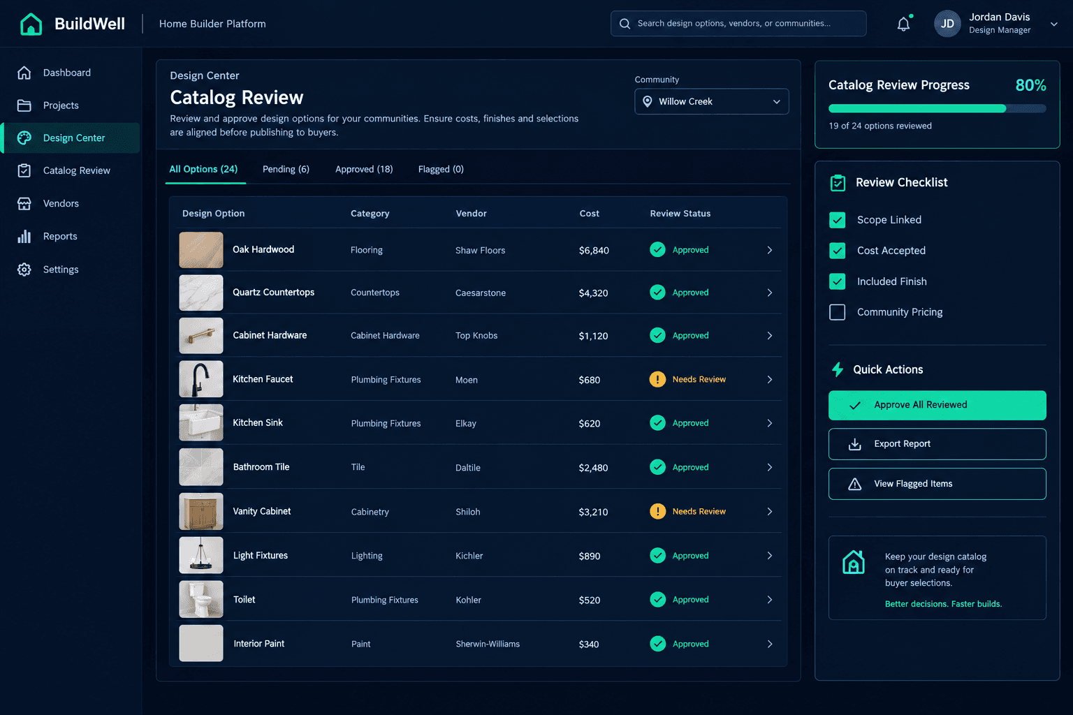 design center catalog review checklist illustrated with linked home, scope, vendor, and purchasing review cards