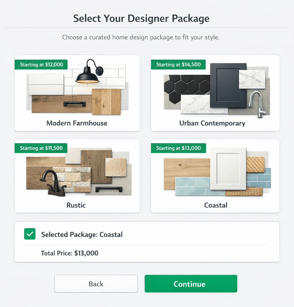 Designer Packages in Cornerstone PM design center — curated, pre-priced selection bundles for home builders across multiple style categories