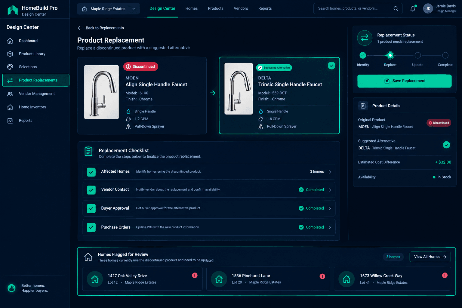 discontinued design options shown in a Cornerstone PM workflow dashboard for home builders
