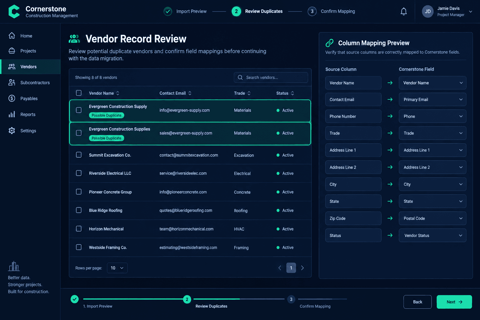 duplicate vendor records before CRM import shown with linked vendor, scope, home schedule, and purchasing review cards