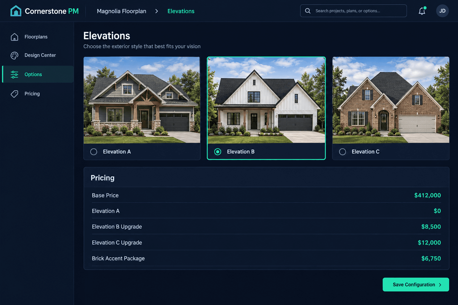 Home builder software elevation options screen showing three exterior finish choices and upgrade pricing for a single floorplan