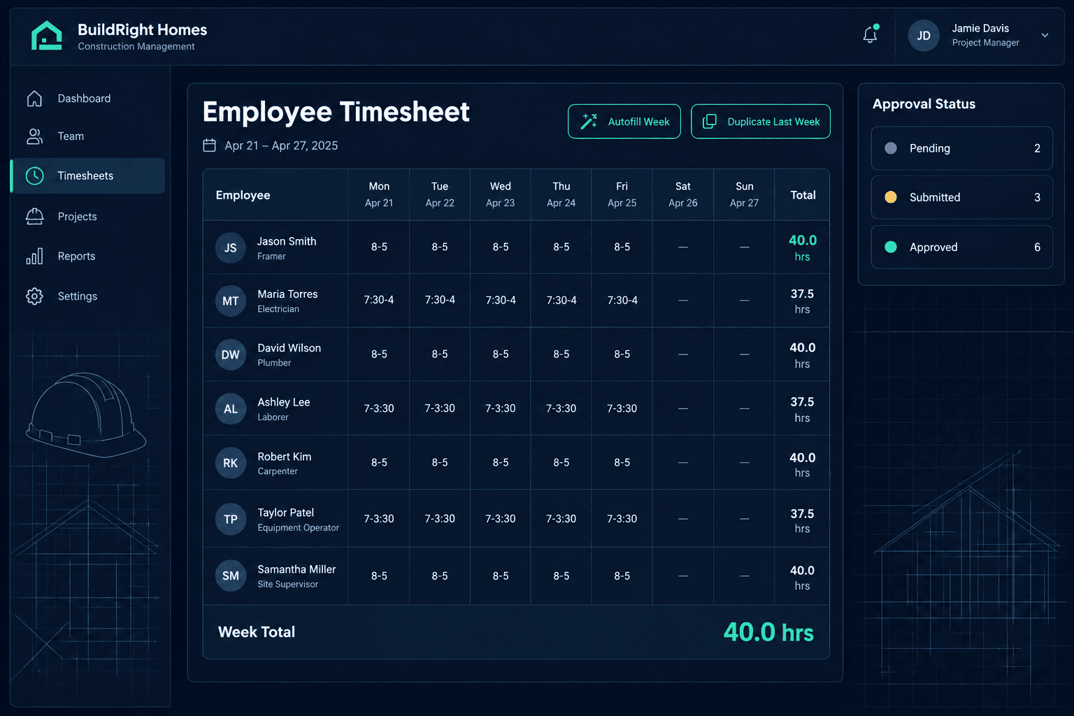 Employee timesheet software for home builders showing a weekly shift grid, autofill week, and manager approval status in Cornerstone PM