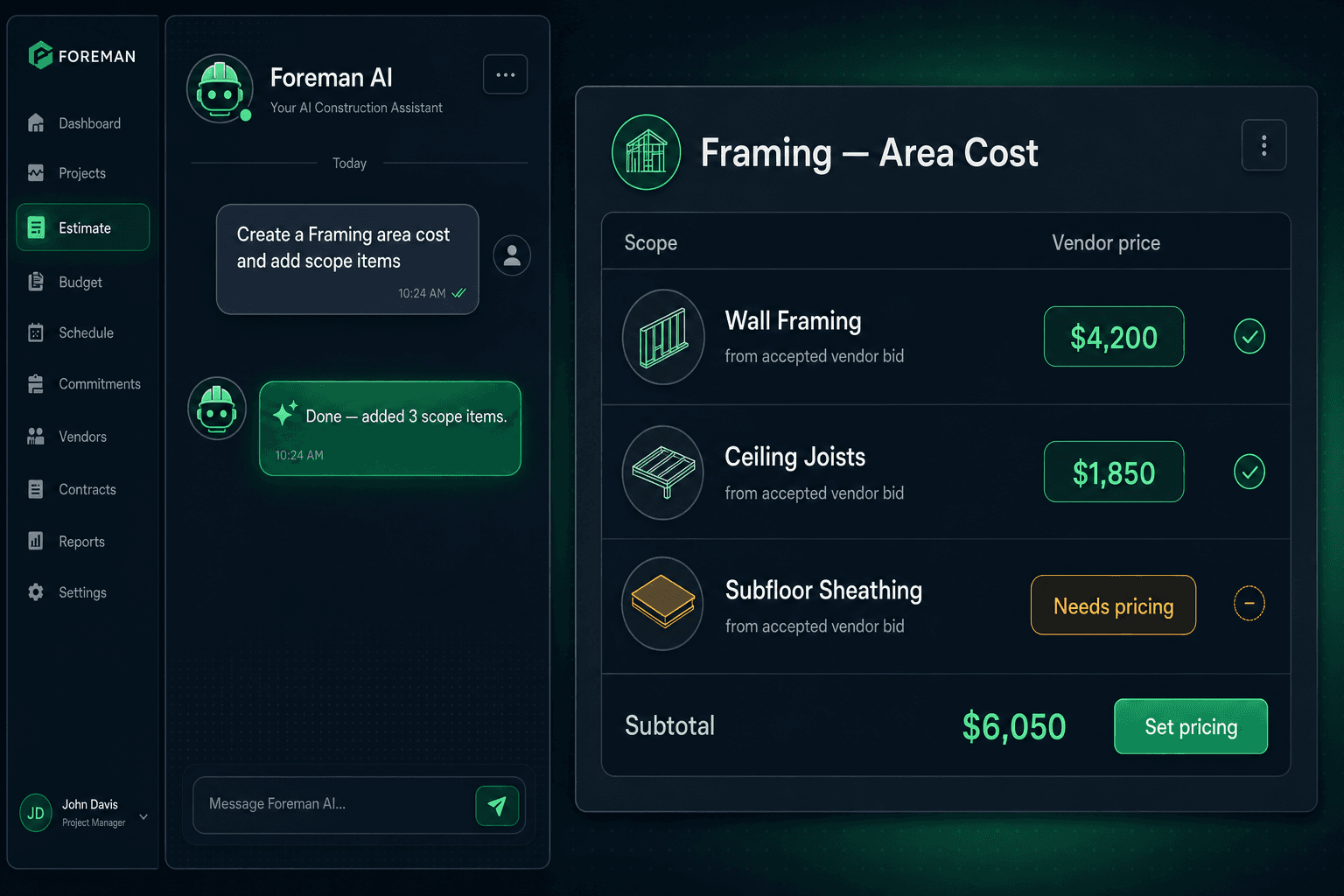 AI construction budget builder — Foreman AI creates scope-first area costs by chat in Cornerstone