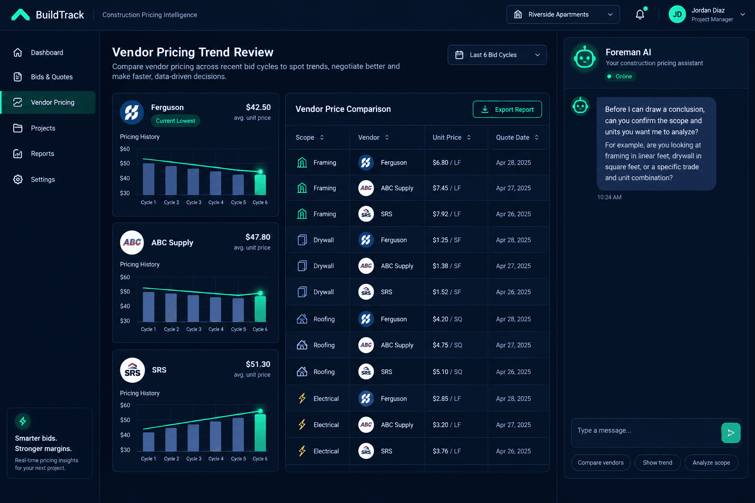 AI vendor pricing analysis shown with linked vendor, scope, home schedule, and purchasing review cards