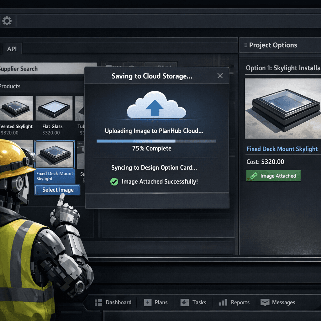AI construction product image search in Foreman AI pulling supplier images into a Cornerstone PM design option