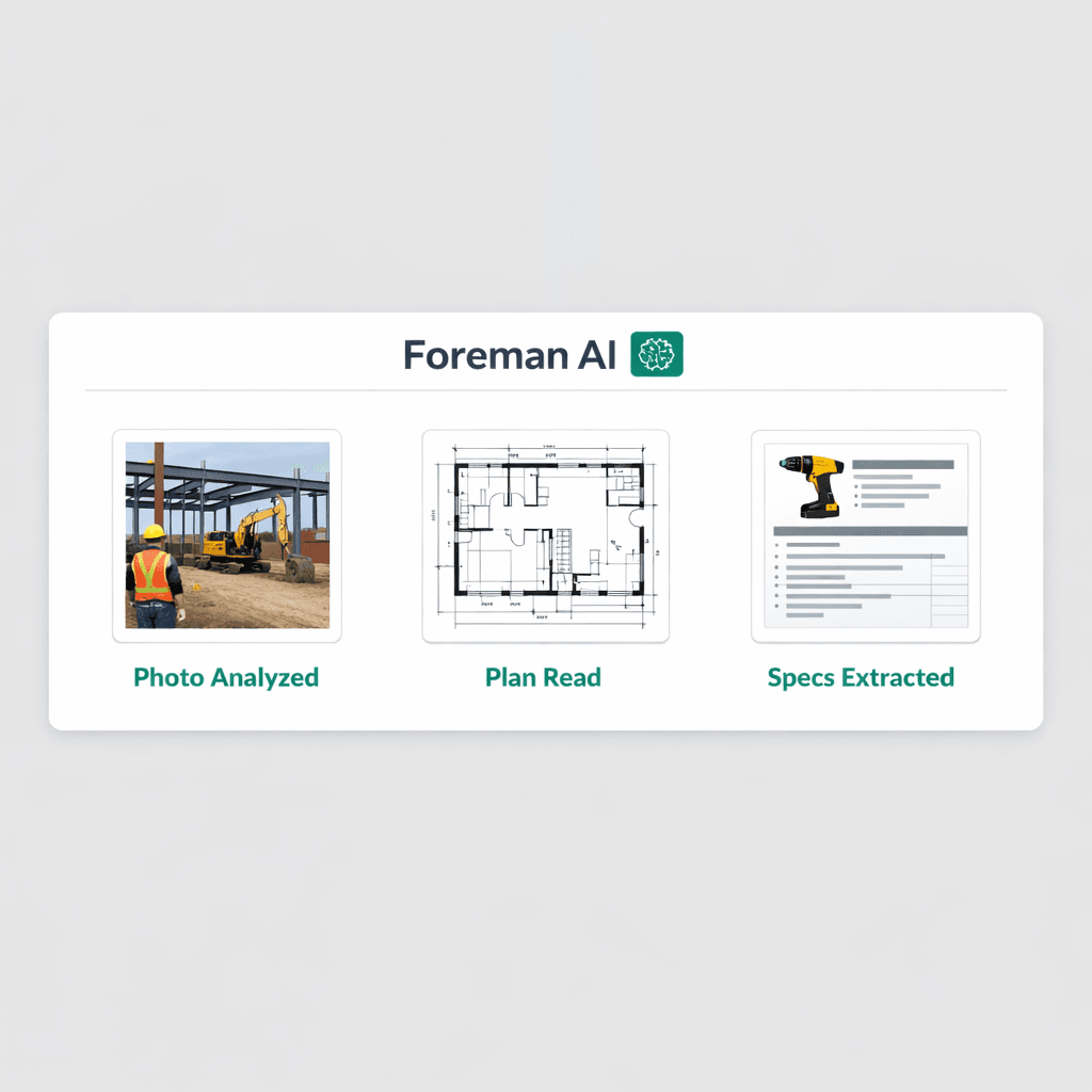 Construction AI image analysis — Foreman AI reading jobsite photos, floor plans, and product images for home builders