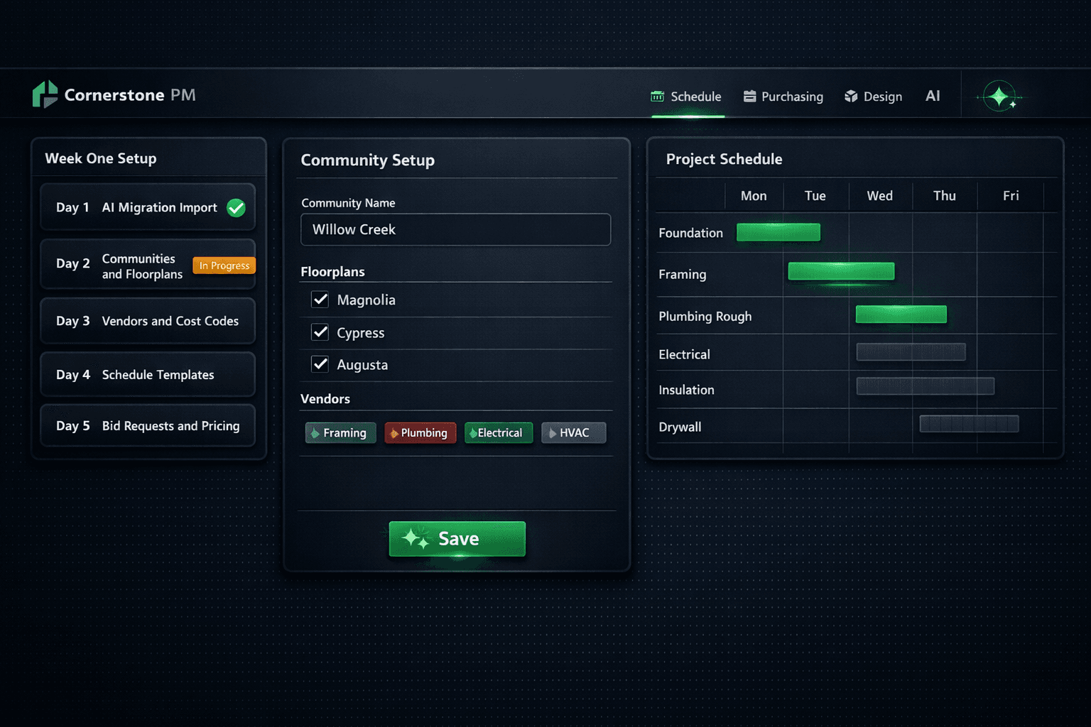 Home builder software implementation timeline — week one setup checklist for communities, floorplans, vendors, and bids