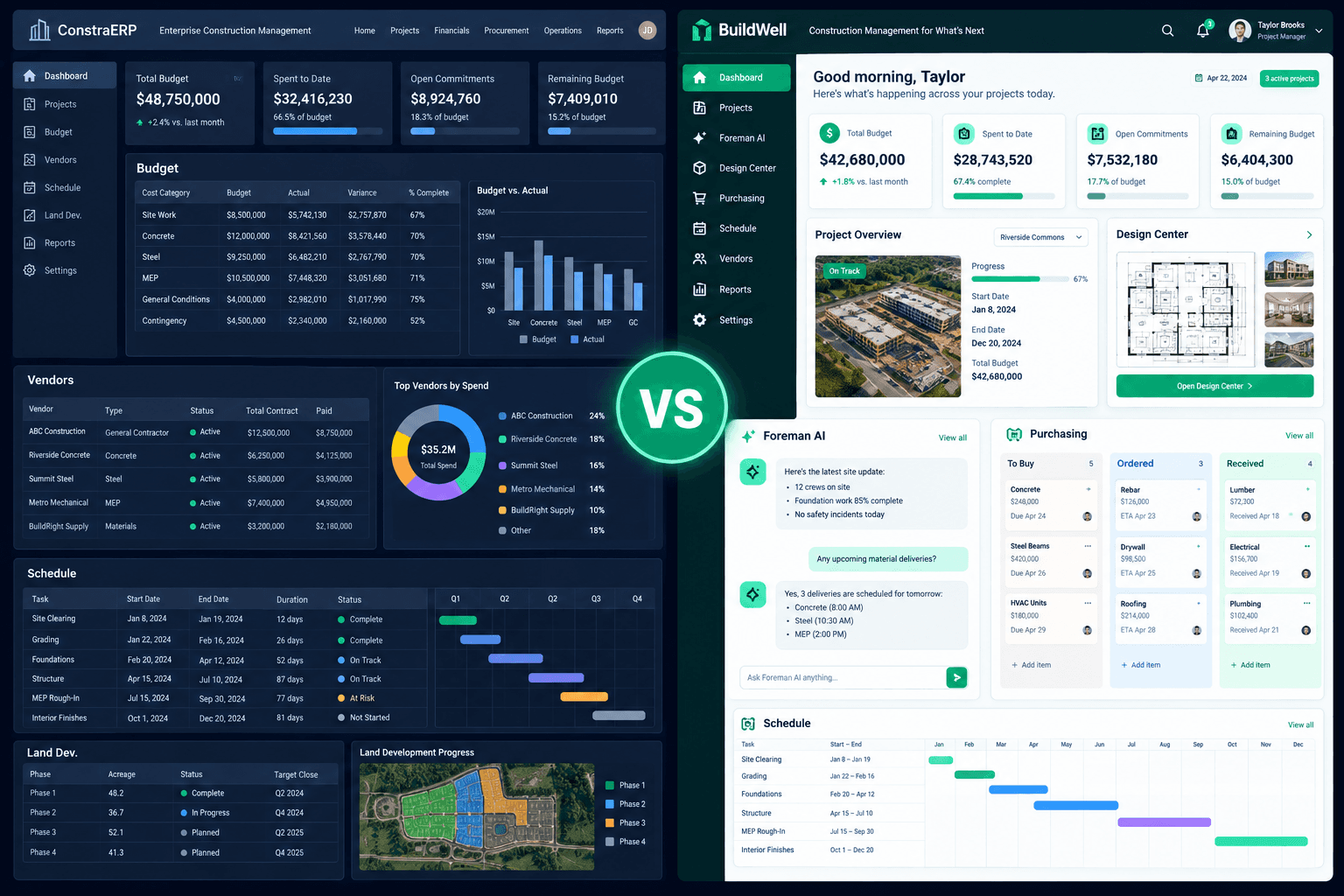 MiTek KOVA alternative home builder software comparison showing an enterprise ERP dashboard next to Cornerstone PM's modern production builder platform
