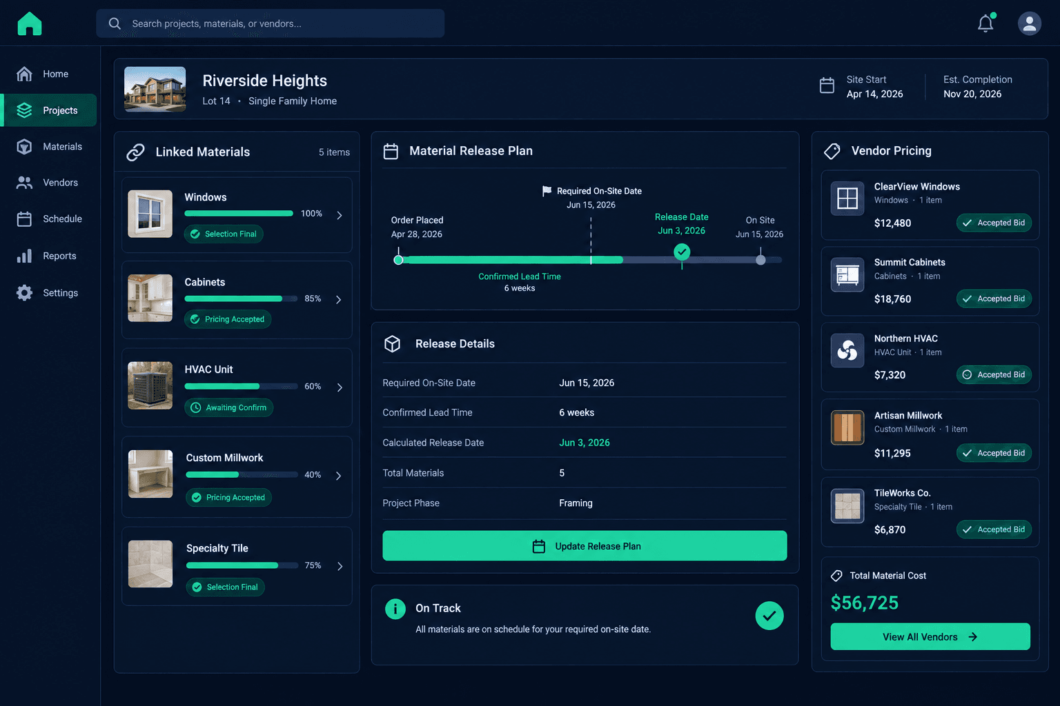 long-lead material release checklist shown with linked vendor, scope, home schedule, and purchasing review cards