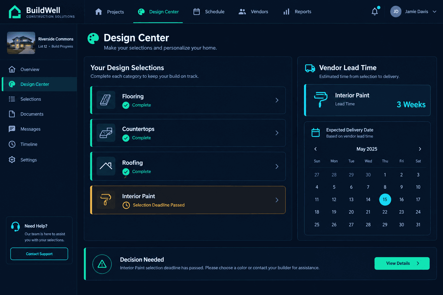 missed selection deadline review checklist shown with connected home, design, schedule, and purchasing review panels