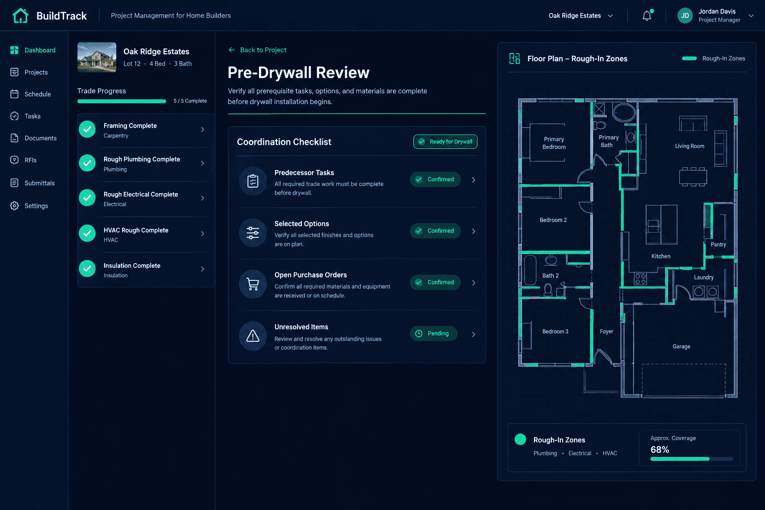 pre-drywall coordination checklist illustrated with home schedules, vendor records, and purchasing details
