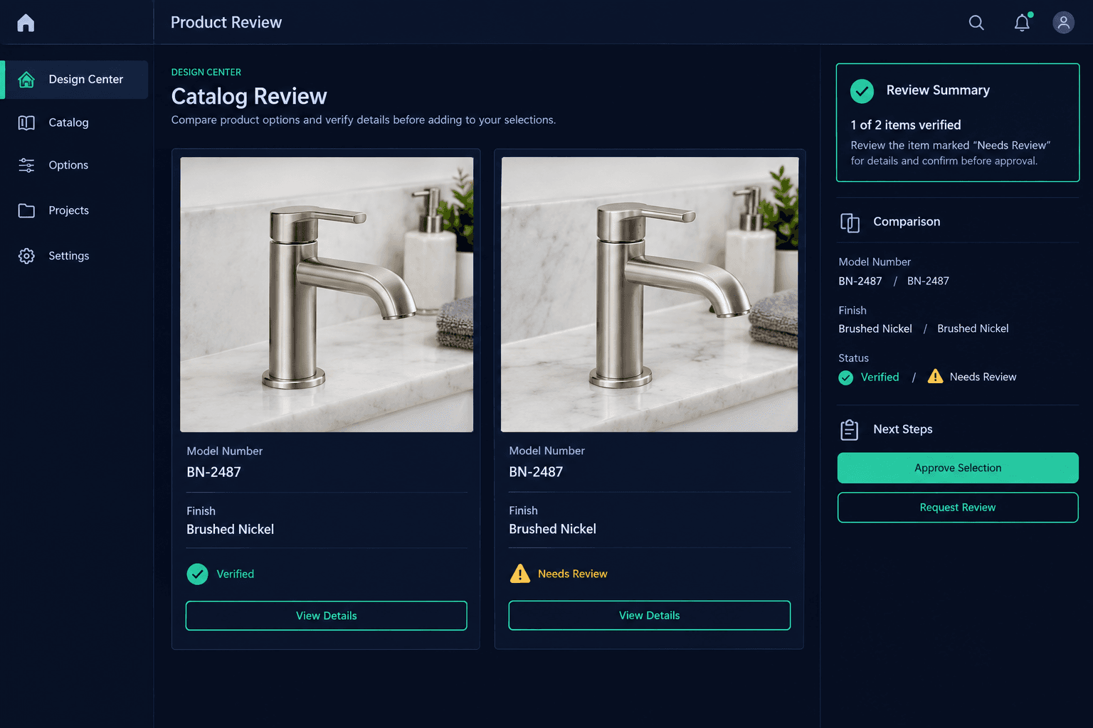 design option product images illustrated with Cornerstone PM workflow review notes