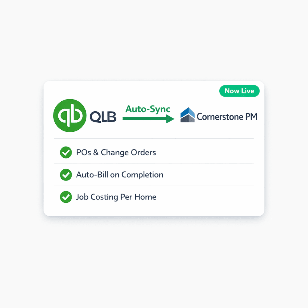 QuickBooks Online integration for home builders — Cornerstone PM auto-syncing POs, bills, and job costing to QBO