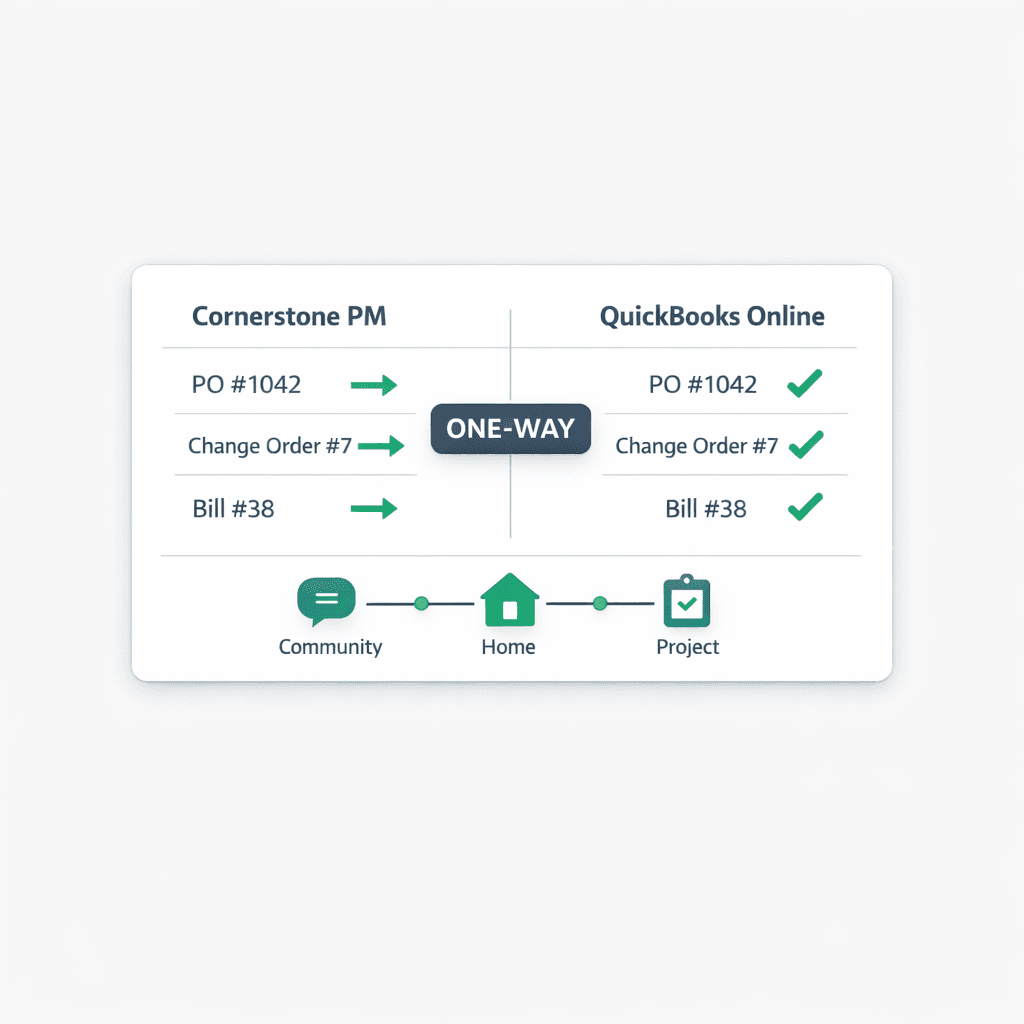 QuickBooks Online construction sync — Cornerstone posts POs, bills, and vendors to QuickBooks automatically