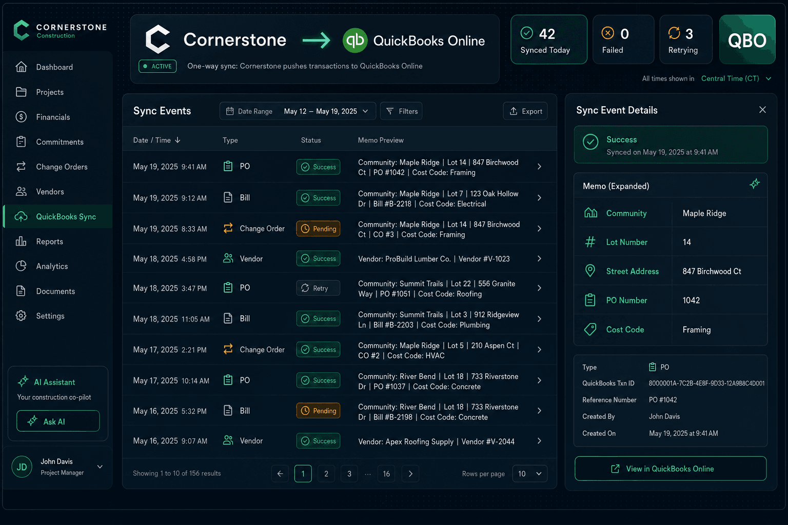 QuickBooks sync construction accounting — Sync Events audit log and clean transaction memos in Cornerstone