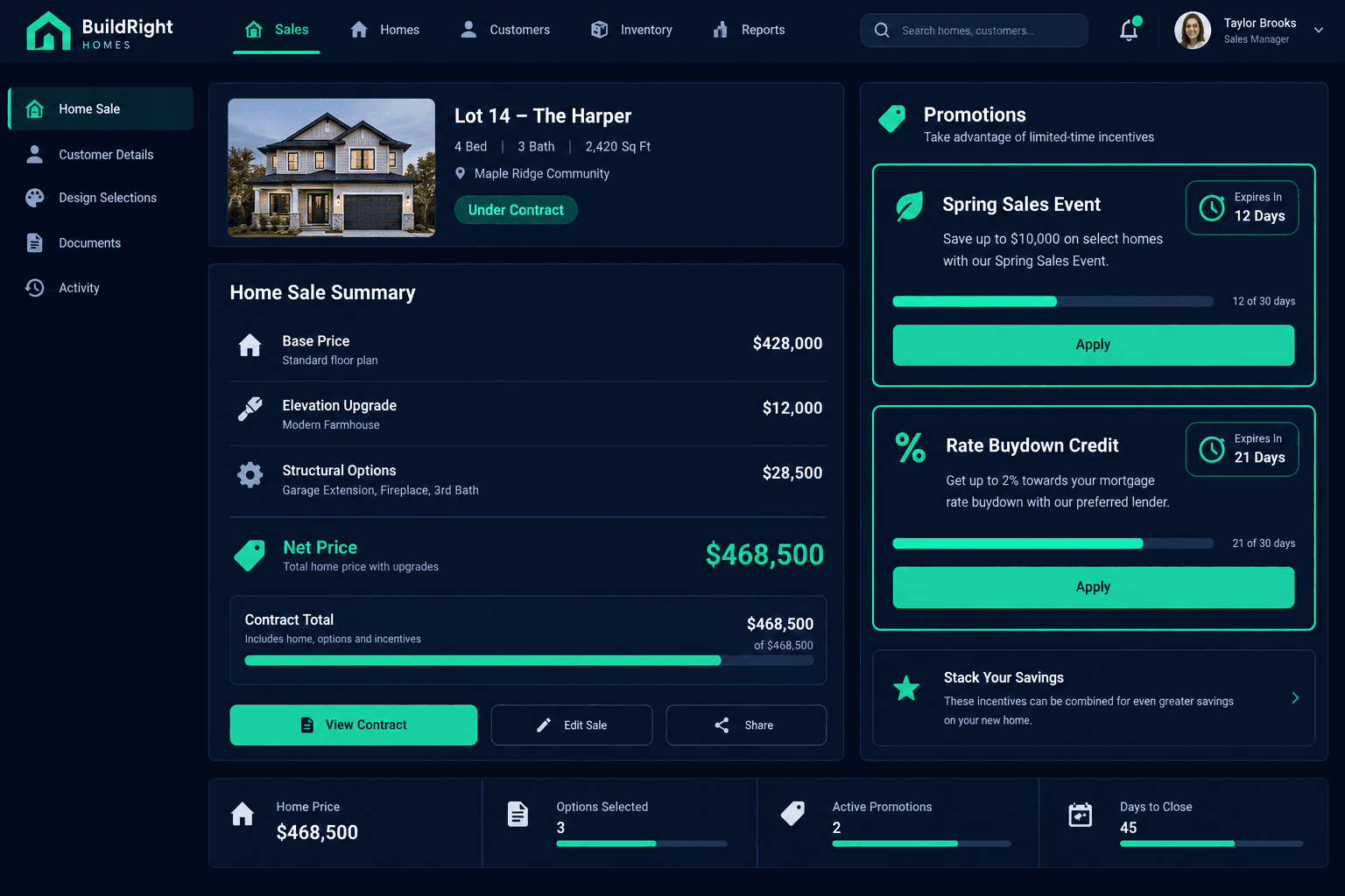 Home builder sales incentive stacking and net price calculator dashboard in Cornerstone PM