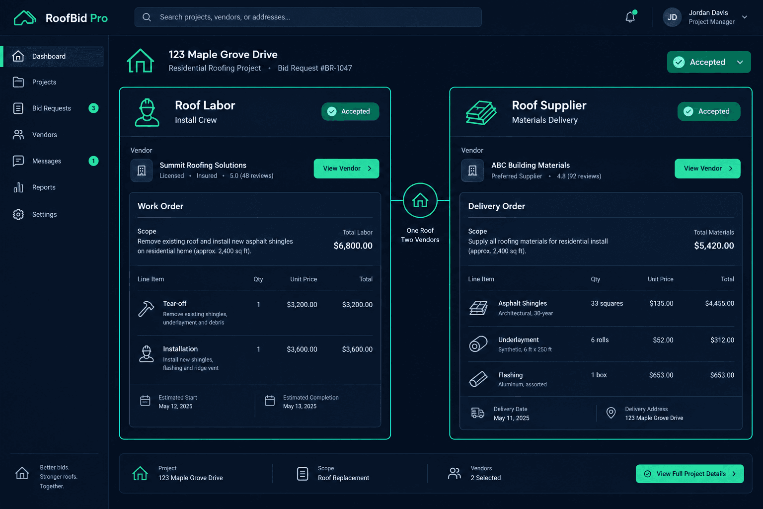 roof labor and supplier bids illustrated in a Cornerstone PM home builder workflow dashboard