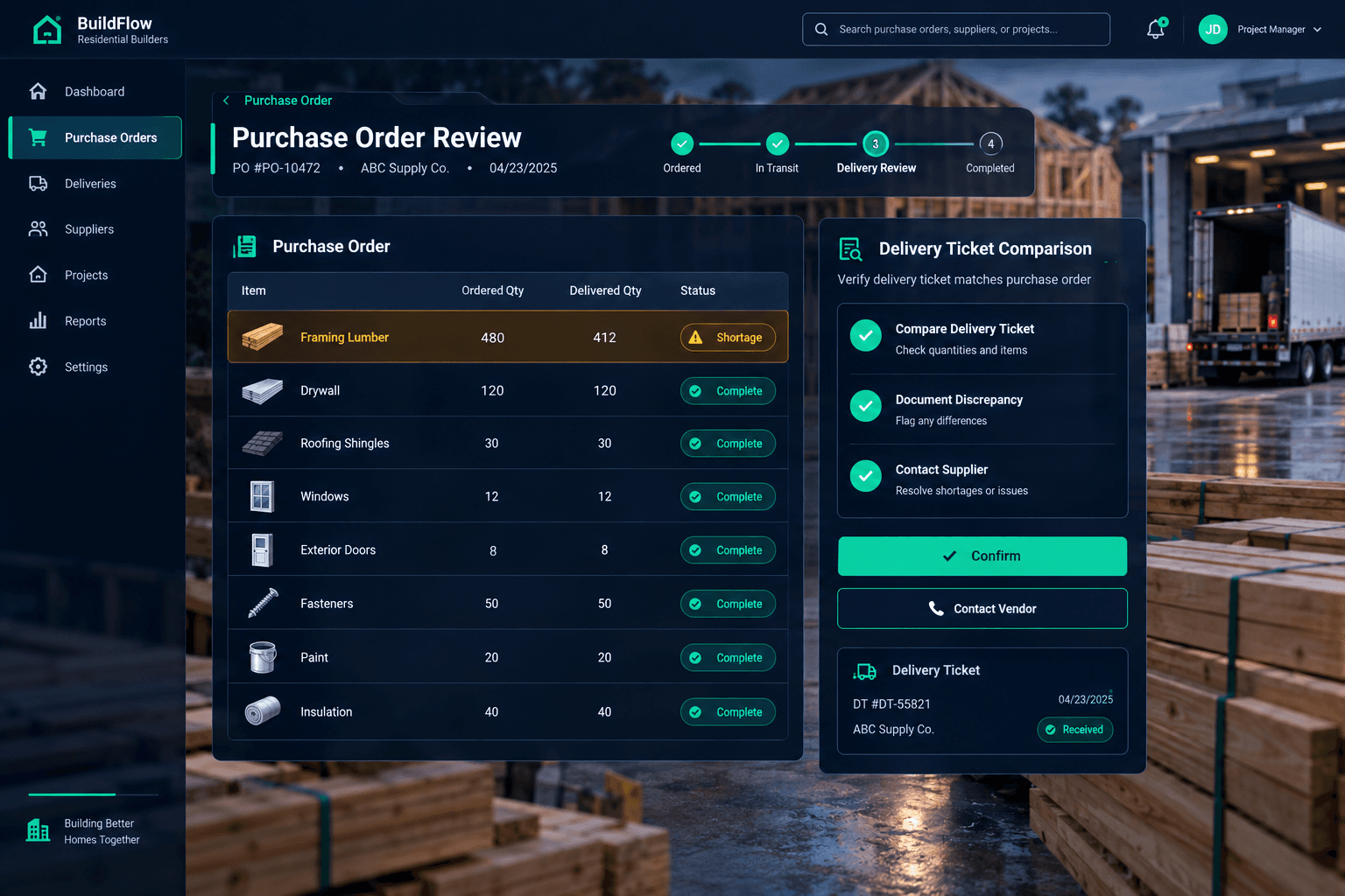 short material delivery checklist illustrated with home schedules, vendor records, and purchasing details
