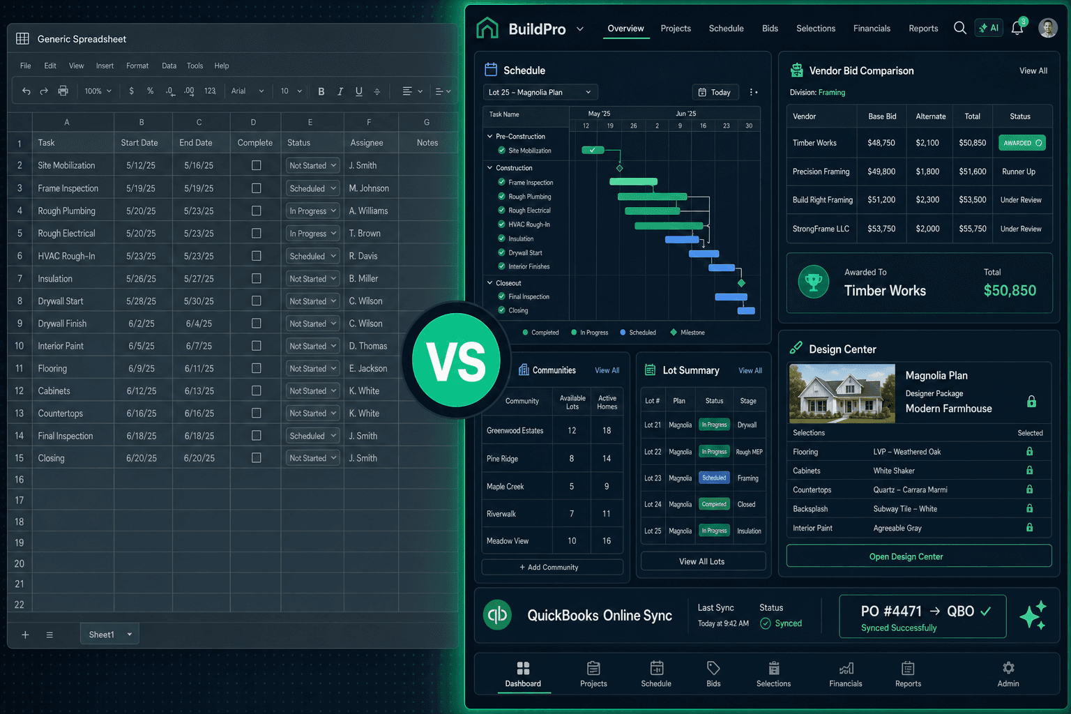 Smartsheet construction alternative for home builders — spreadsheet grid compared with a purpose-built home building platform
