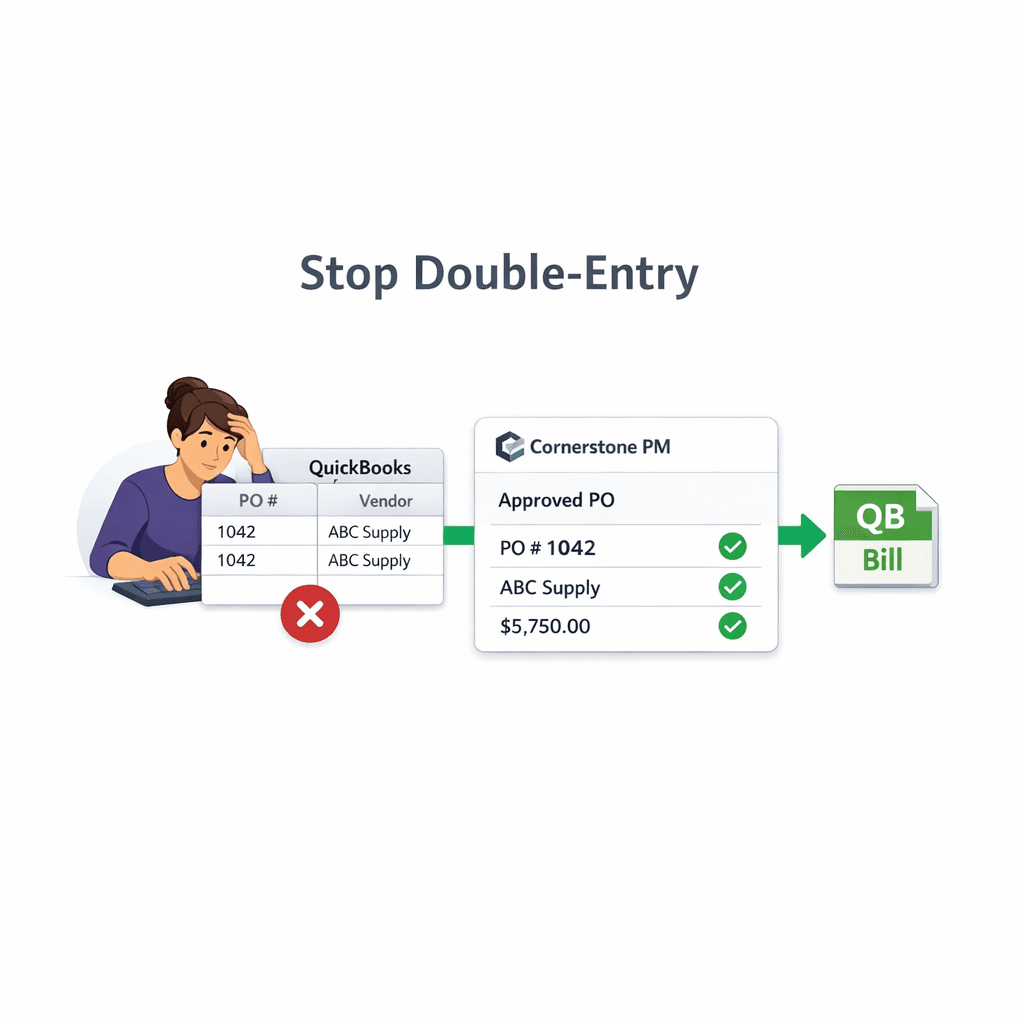 Double entry QuickBooks construction — end manual PO and bill re-keying with Cornerstone one-way sync