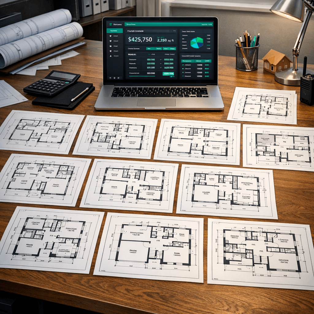 Structural options pricing across 12 home builder floorplans using sqft-linked auto-quantity scope items in Cornerstone PM