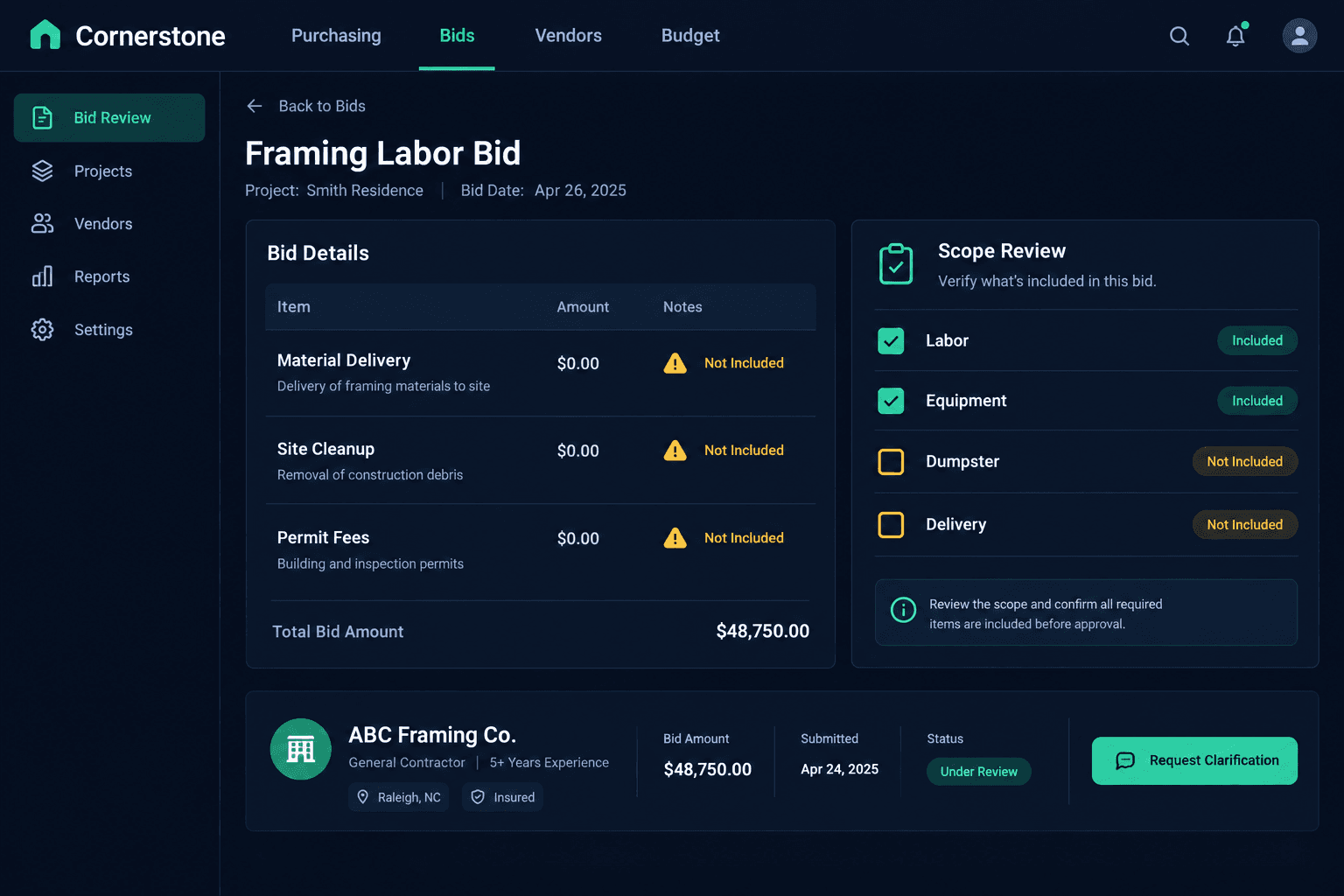 subcontractor bid exclusions checklist shown with linked vendor, scope, home schedule, and purchasing review cards