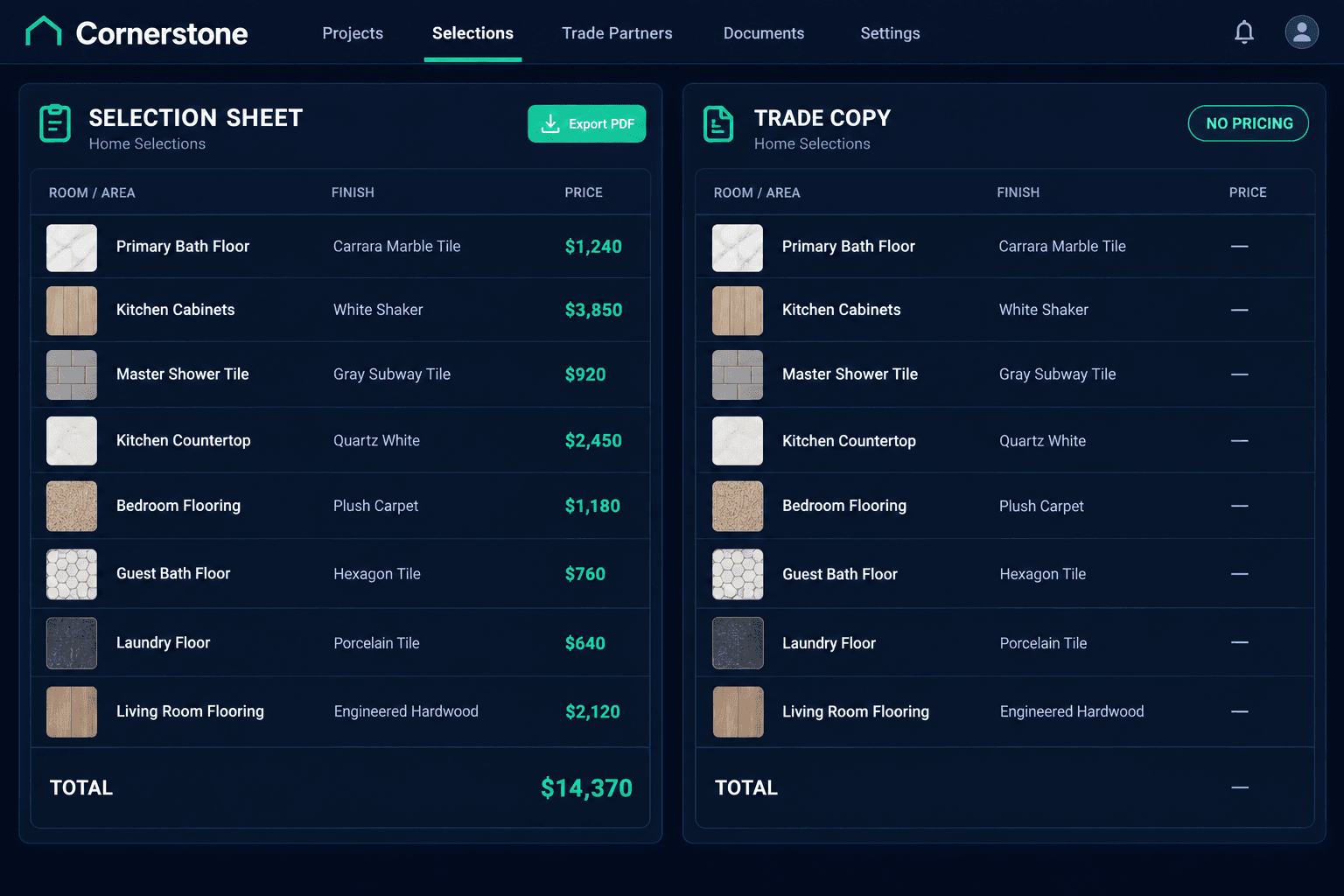 Trade copy pricing-free selection sheet next to a priced buyer selection sheet for a home builder design center