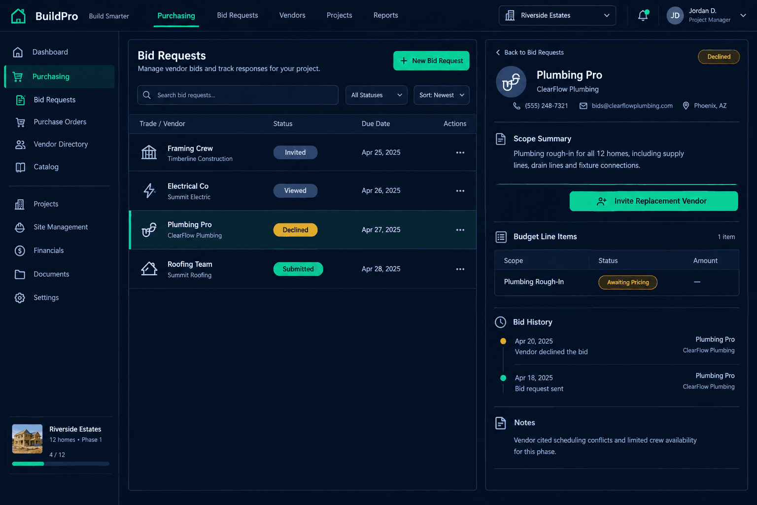 declined subcontractor bid request shown with connected home, scope, vendor, and schedule review panels