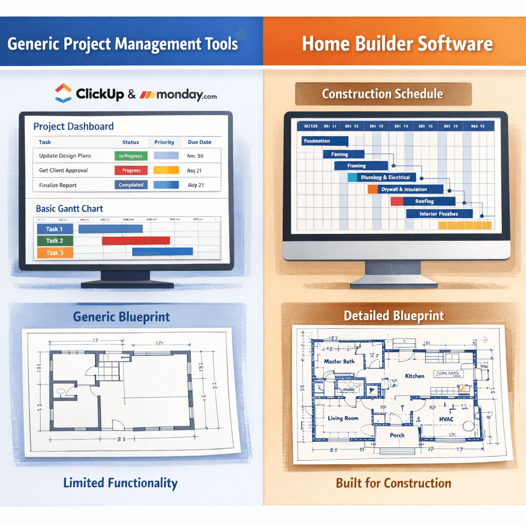 Generic project management tools ClickUp and monday.com compared to Cornerstone PM purpose-built home builder software