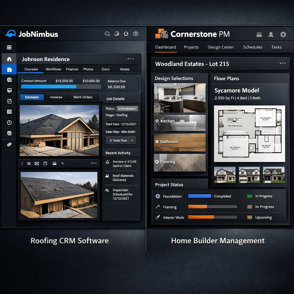 JobNimbus alternative home builder software comparing roofing CRM to Cornerstone PM production builder platform