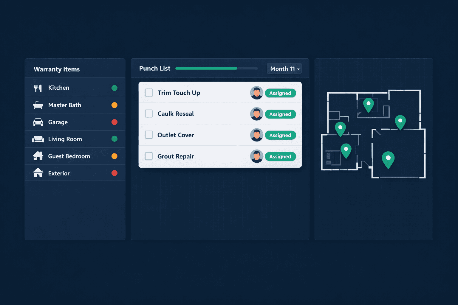Home builder warranty walkthrough software — 11-month punch list tracking homeowner items by room, severity, and assigned vendor