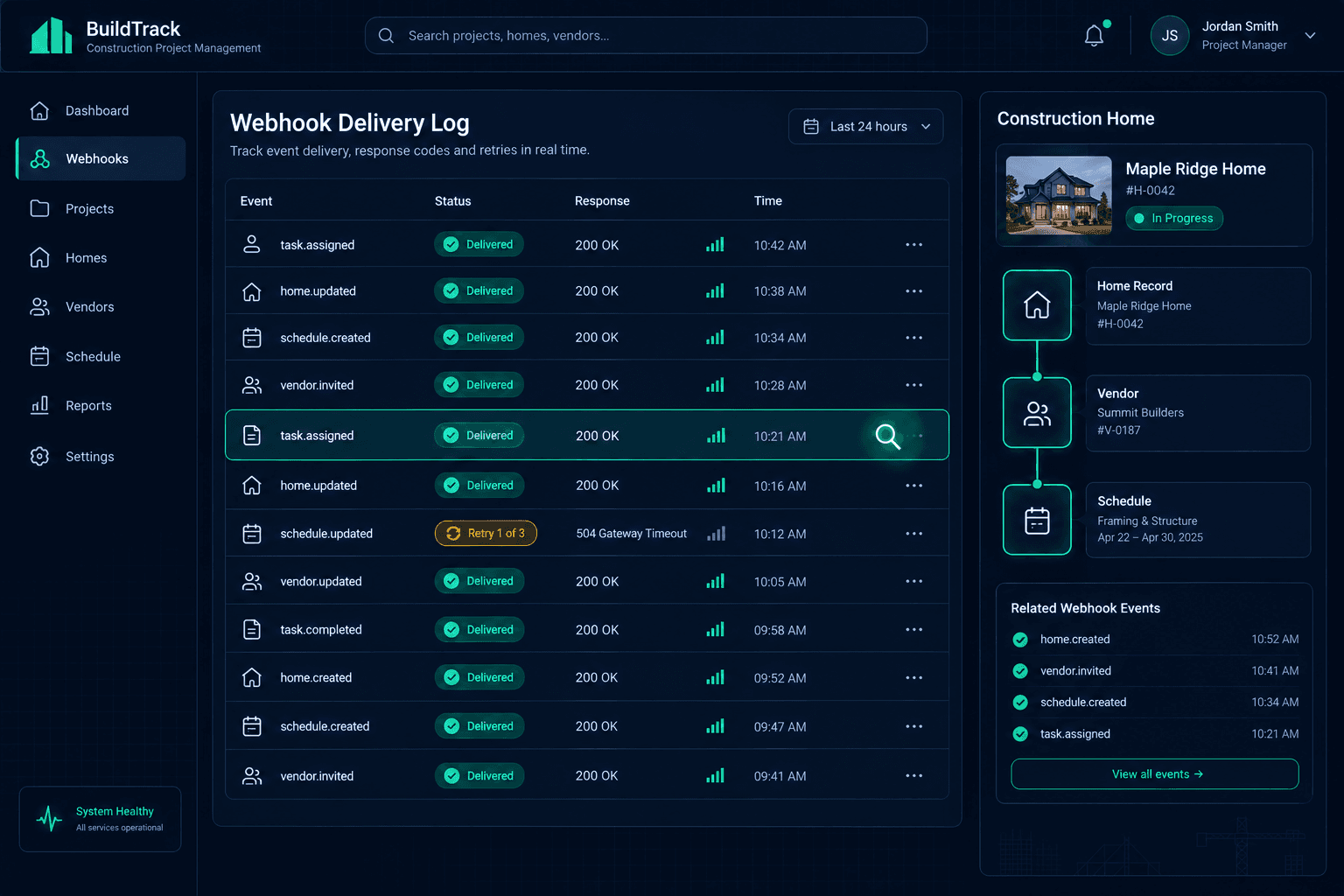 construction webhook delivery logs shown with connected home, scope, vendor, and schedule review panels
