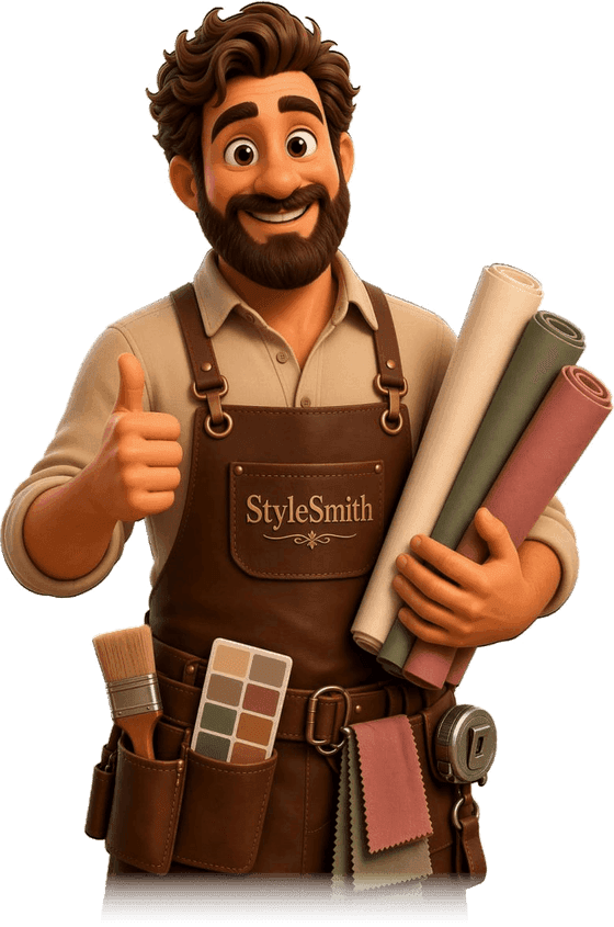 StyleSmith AI™ mascot — a bearded craftsman in a leather apron holding fabric and wallpaper rolls, with a paint brush, color swatch palette, and material samples on his tool belt